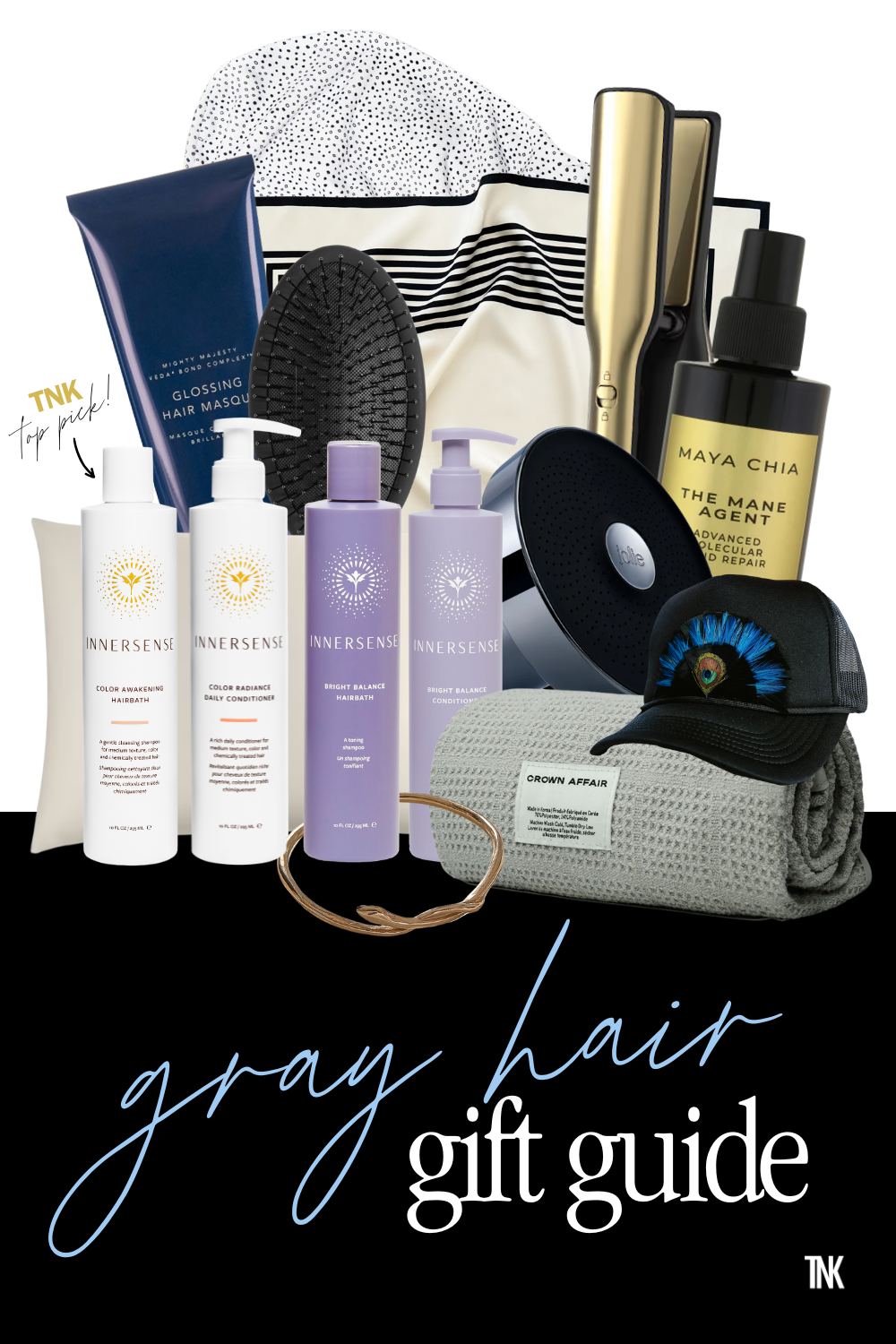 A collection of gray hair related gift ideas.